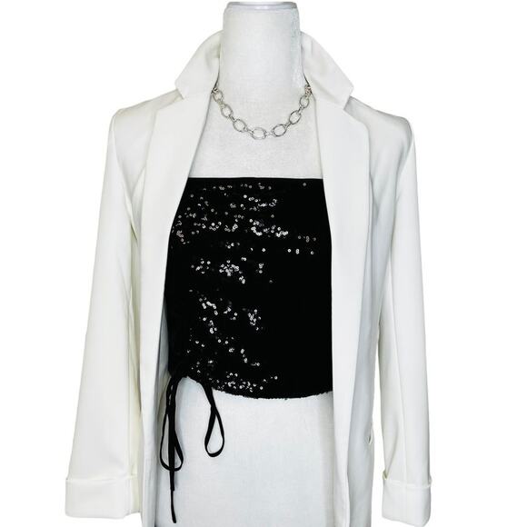 WAYF Black Sequin Crop Cami Top Size S Ruched Front Drawstring Tie NWT - Picture 11 of 12